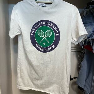 Wimbledon White Tee with Green and Purple Tennis Emblem